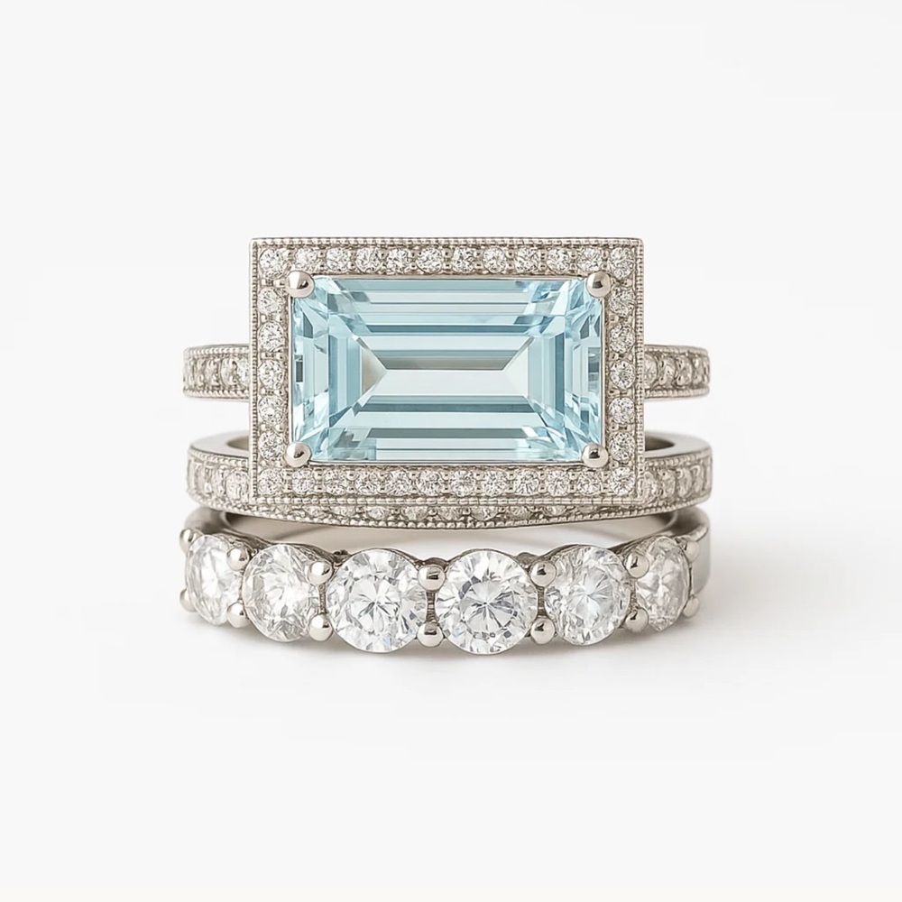 Vintage Inspired Silver Aquamarine Moissanite 925 Ring Set